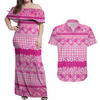 Hawaiian Hibiscus Honu Couples Matching Off Shoulder Maxi Dress and Hawaiian Shirt Pink Mele Kalikimaka Palaka Spirit - Polynesian Pride