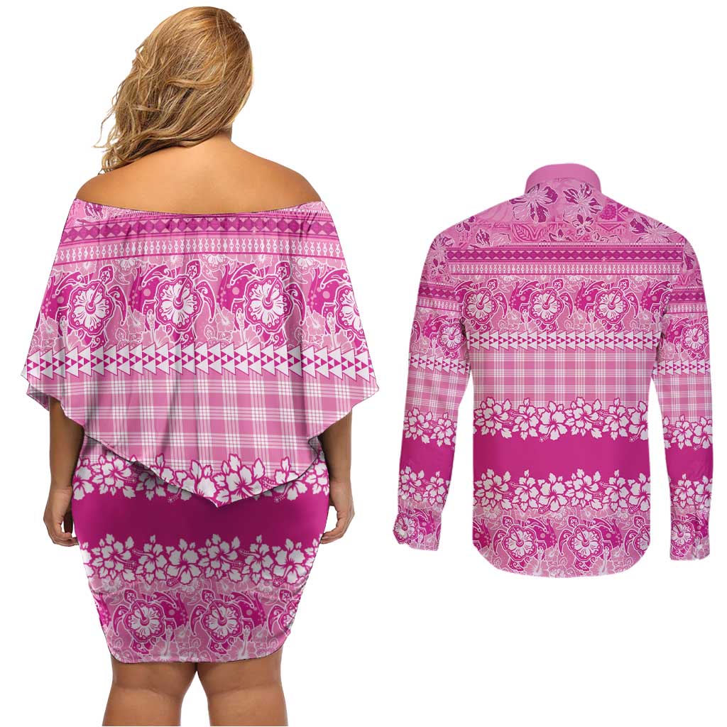 Hawaiian Hibiscus Honu Couples Matching Off Shoulder Short Dress and Long Sleeve Button Shirt Pink Mele Kalikimaka Palaka Spirit - Polynesian Pride