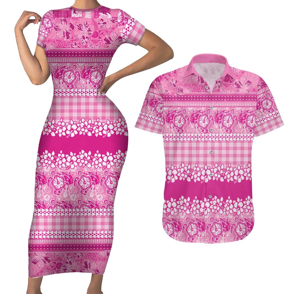 Hawaiian Hibiscus Honu Couples Matching Short Sleeve Bodycon Dress and Hawaiian Shirt Pink Mele Kalikimaka Palaka Spirit - Polynesian Pride