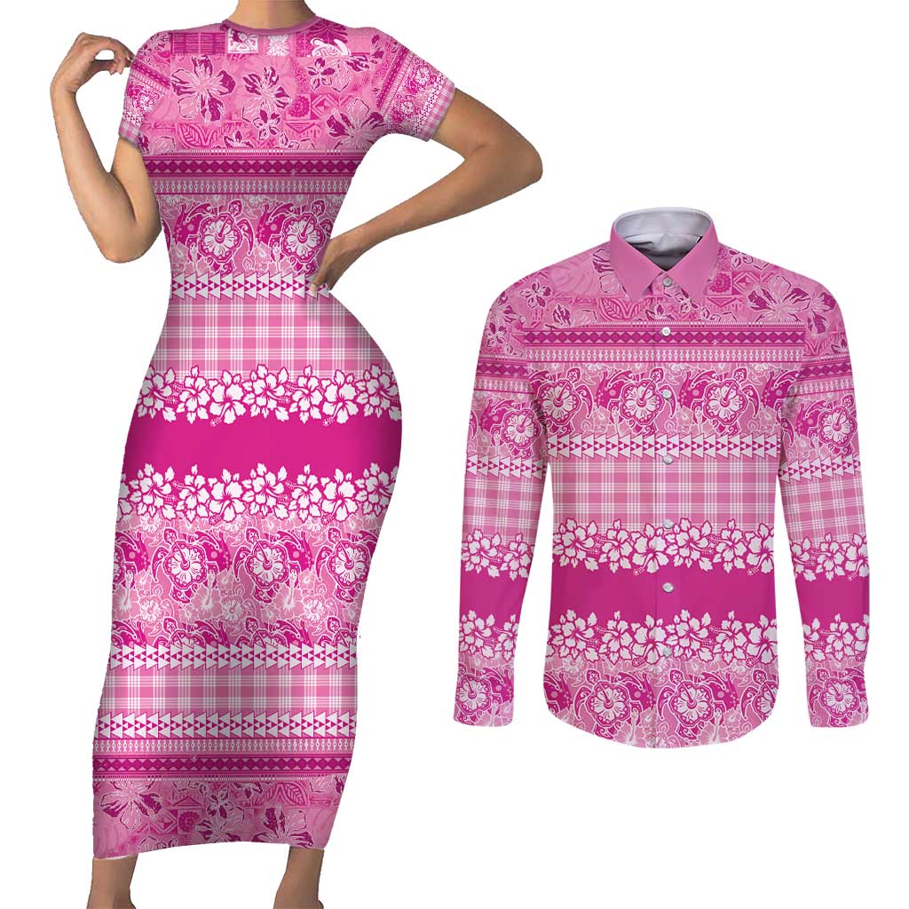 Hawaiian Hibiscus Honu Couples Matching Short Sleeve Bodycon Dress and Long Sleeve Button Shirt Pink Mele Kalikimaka Palaka Spirit - Polynesian Pride