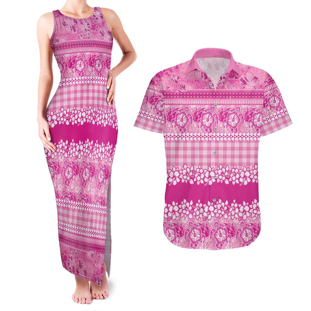 Hawaiian Hibiscus Honu Couples Matching Tank Maxi Dress and Hawaiian Shirt Pink Mele Kalikimaka Palaka Spirit - Polynesian Pride