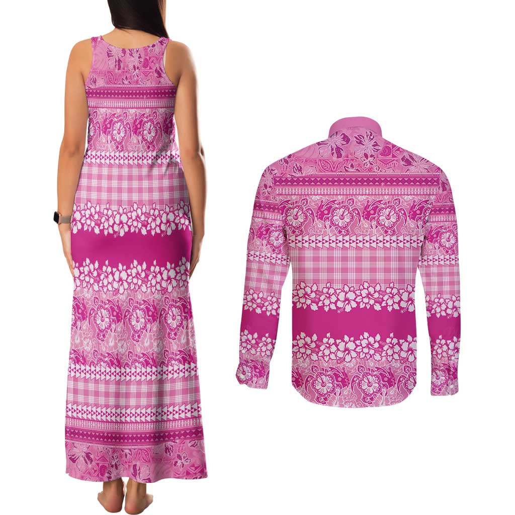 Hawaiian Hibiscus Honu Couples Matching Tank Maxi Dress and Long Sleeve Button Shirt Pink Mele Kalikimaka Palaka Spirit - Polynesian Pride