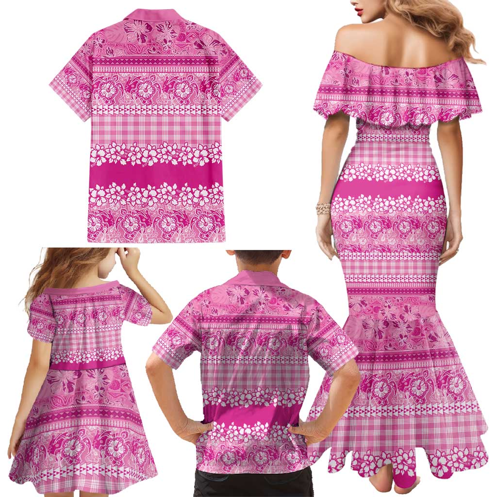 Hawaiian Hibiscus Honu Family Matching Mermaid Dress and Hawaiian Shirt Pink Mele Kalikimaka Palaka Spirit - Polynesian Pride