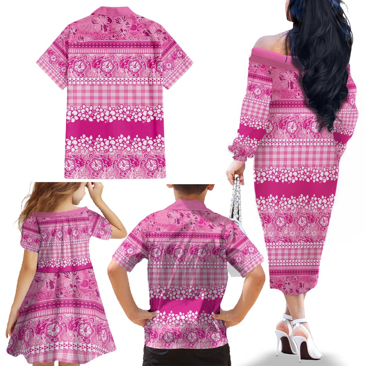 Hawaiian Hibiscus Honu Family Matching Off The Shoulder Long Sleeve Dress and Hawaiian Shirt Pink Mele Kalikimaka Palaka Spirit - Polynesian Pride