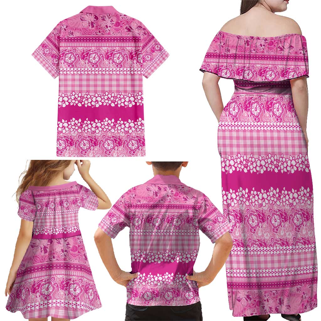 Hawaiian Hibiscus Honu Family Matching Off Shoulder Maxi Dress and Hawaiian Shirt Pink Mele Kalikimaka Palaka Spirit - Polynesian Pride