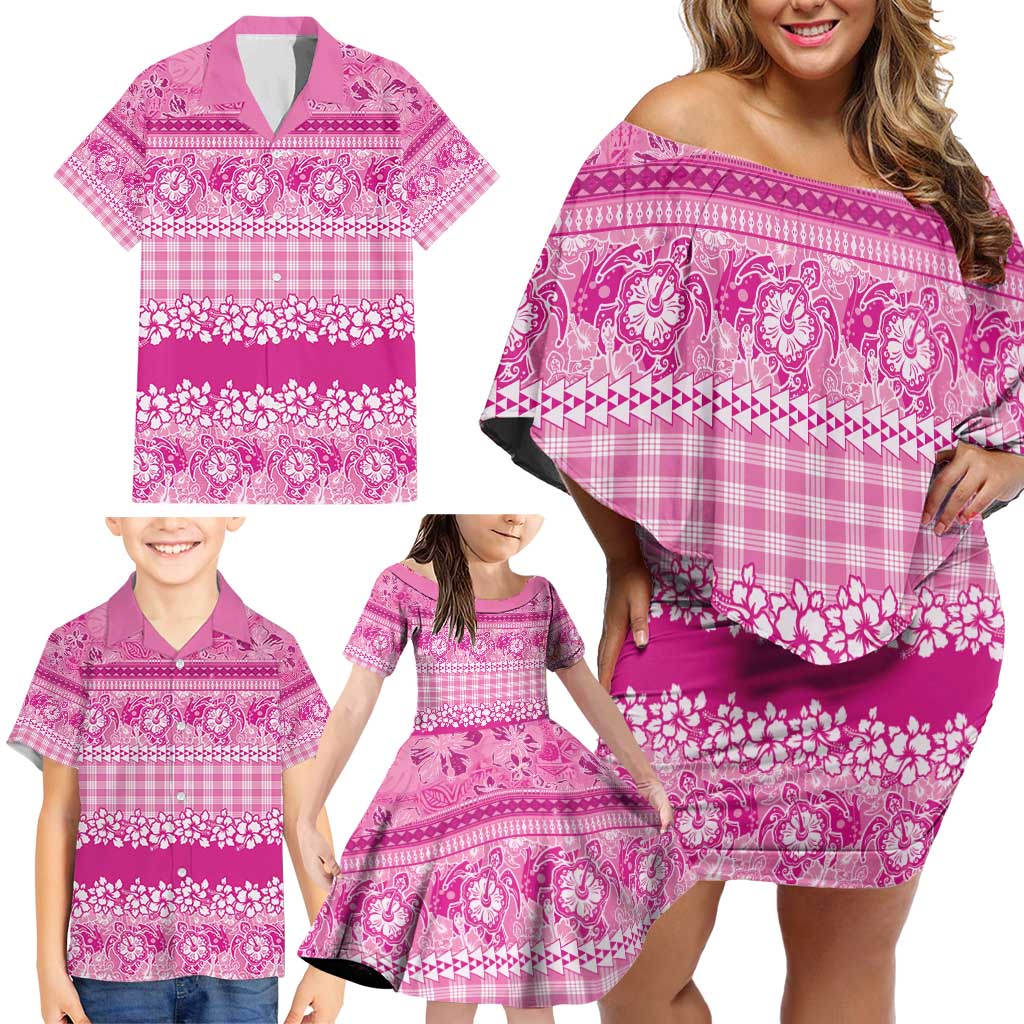 Hawaiian Hibiscus Honu Family Matching Off Shoulder Short Dress and Hawaiian Shirt Pink Mele Kalikimaka Palaka Spirit - Polynesian Pride