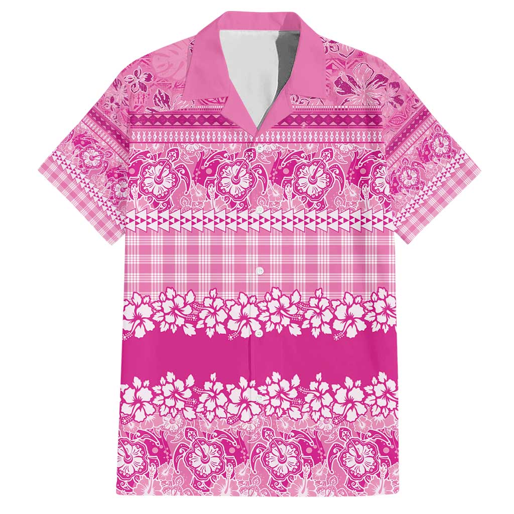 Hawaiian Hibiscus Honu Family Matching Short Sleeve Bodycon Dress and Hawaiian Shirt Pink Mele Kalikimaka Palaka Spirit - Polynesian Pride