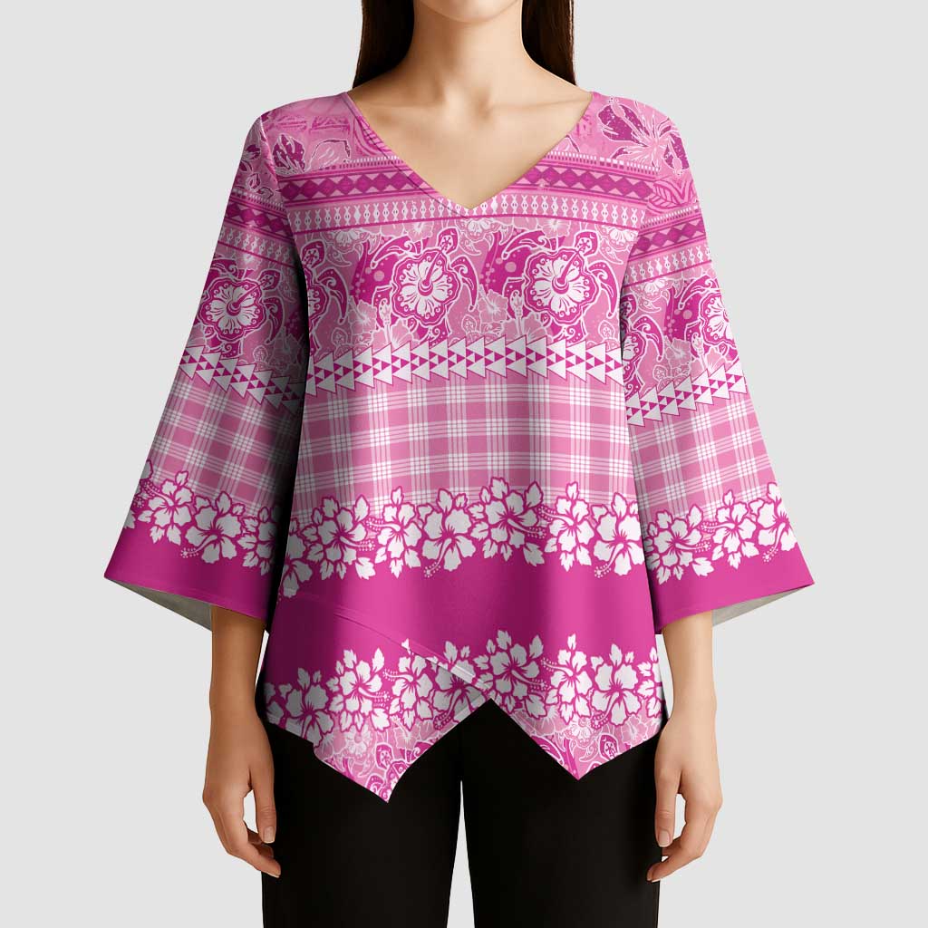 Hawaiian Hibiscus Honu Kimono Sleeve Blouse Pink Mele Kalikimaka Palaka Spirit - Polynesian Pride