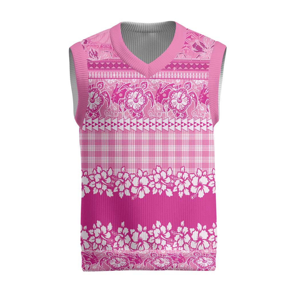Hawaiian Hibiscus Honu Christmas Knitted V-Neck Vest Pink Mele Kalikimaka Palaka Spirit - Polynesian Pride