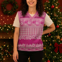 Hawaiian Hibiscus Honu Christmas Knitted V-Neck Vest Pink Mele Kalikimaka Palaka Spirit - Polynesian Pride