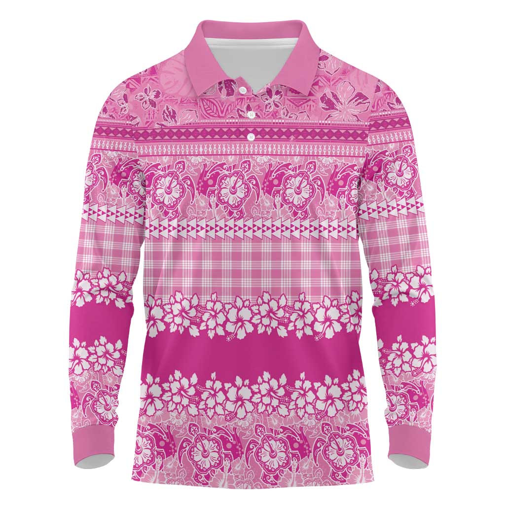 Hawaiian Hibiscus Honu Long Sleeve Polo Shirt Pink Mele Kalikimaka Palaka Spirit - Polynesian Pride