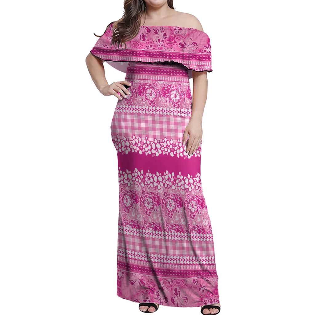 Hawaiian Hibiscus Honu Off Shoulder Maxi Dress Pink Mele Kalikimaka Palaka Spirit - Polynesian Pride