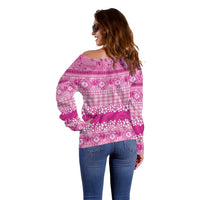 Hawaiian Hibiscus Honu Off Shoulder Sweater Pink Mele Kalikimaka Palaka Spirit - Polynesian Pride