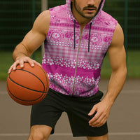 Hawaiian Hibiscus Honu Sleeveless Zip Hoodie Pink Mele Kalikimaka Palaka Spirit - Polynesian Pride