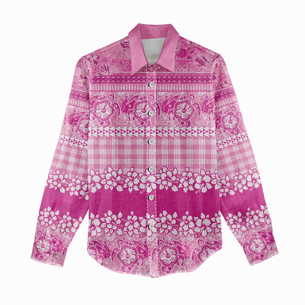 Hawaiian Hibiscus Honu Women Casual Shirt Pink Mele Kalikimaka Palaka Spirit - Polynesian Pride