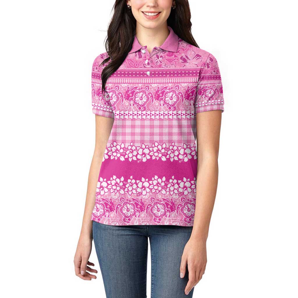 Hawaiian Hibiscus Honu Women Polo Shirt Pink Mele Kalikimaka Palaka Spirit - Polynesian Pride