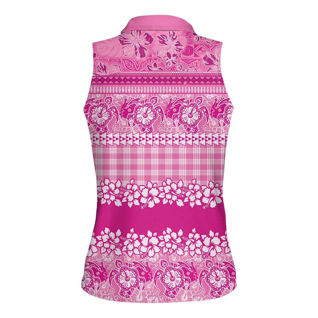 Hawaiian Hibiscus Honu Women Sleeveless Polo Shirt Pink Mele Kalikimaka Palaka Spirit - Polynesian Pride