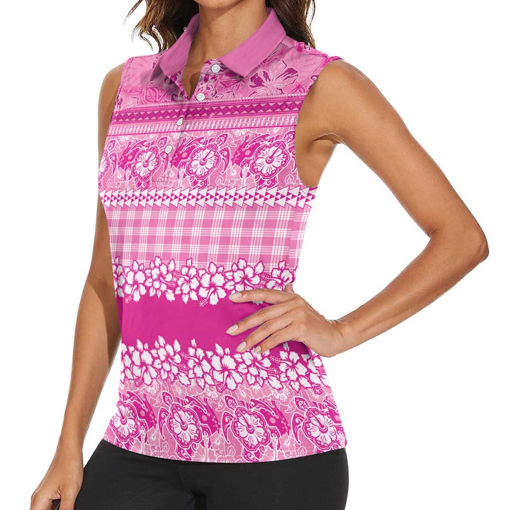 Hawaiian Hibiscus Honu Women Sleeveless Polo Shirt Pink Mele Kalikimaka Palaka Spirit - Polynesian Pride