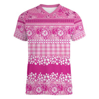 Hawaiian Hibiscus Honu Women V-Neck T-Shirt Pink Mele Kalikimaka Palaka Spirit - Polynesian Pride