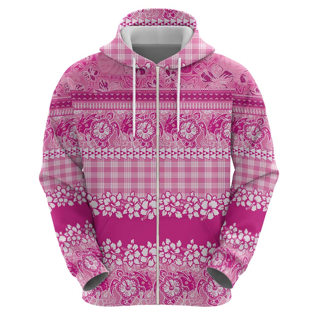 Hawaiian Hibiscus Honu Zip Hoodie Pink Mele Kalikimaka Palaka Spirit - Polynesian Pride