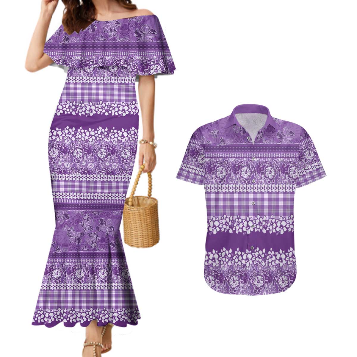 Hawaiian Hibiscus Honu Couples Matching Mermaid Dress and Hawaiian Shirt Purple Mele Kalikimaka Palaka Spirit - Polynesian Pride