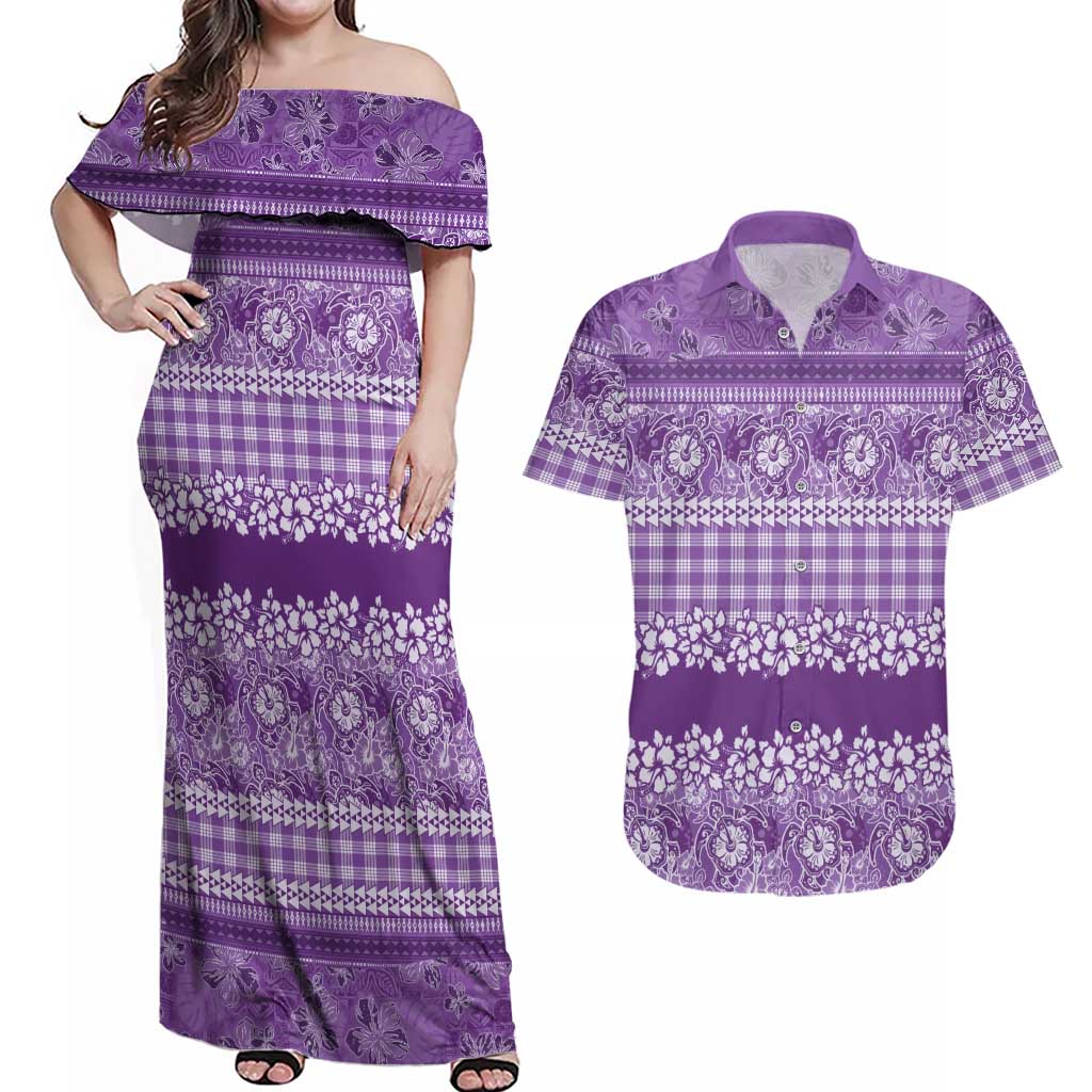 Hawaiian Hibiscus Honu Couples Matching Off Shoulder Maxi Dress and Hawaiian Shirt Purple Mele Kalikimaka Palaka Spirit - Polynesian Pride