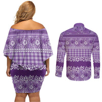 Hawaiian Hibiscus Honu Couples Matching Off Shoulder Short Dress and Long Sleeve Button Shirt Purple Mele Kalikimaka Palaka Spirit - Polynesian Pride