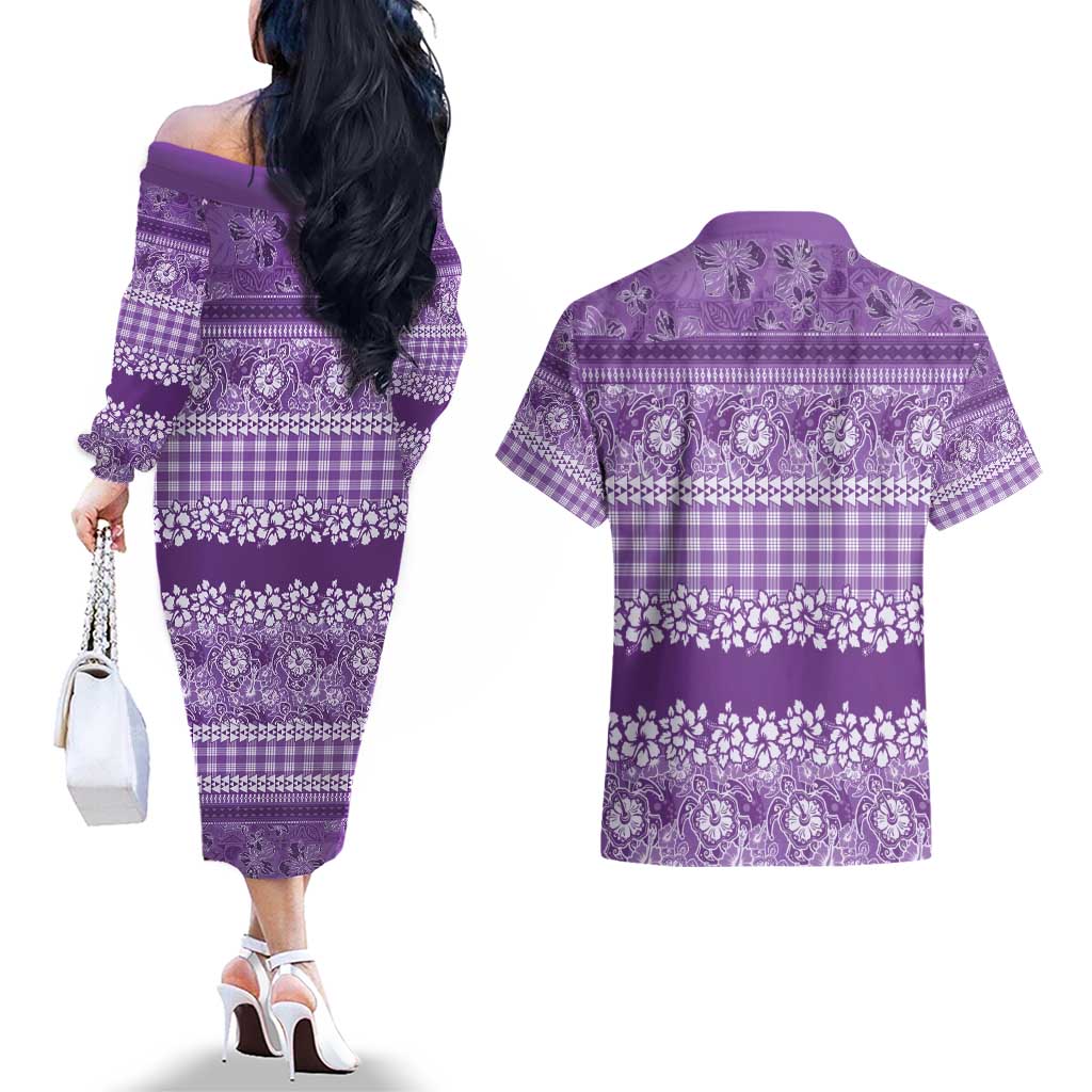 Hawaiian Hibiscus Honu Couples Matching Off The Shoulder Long Sleeve Dress and Hawaiian Shirt Purple Mele Kalikimaka Palaka Spirit - Polynesian Pride