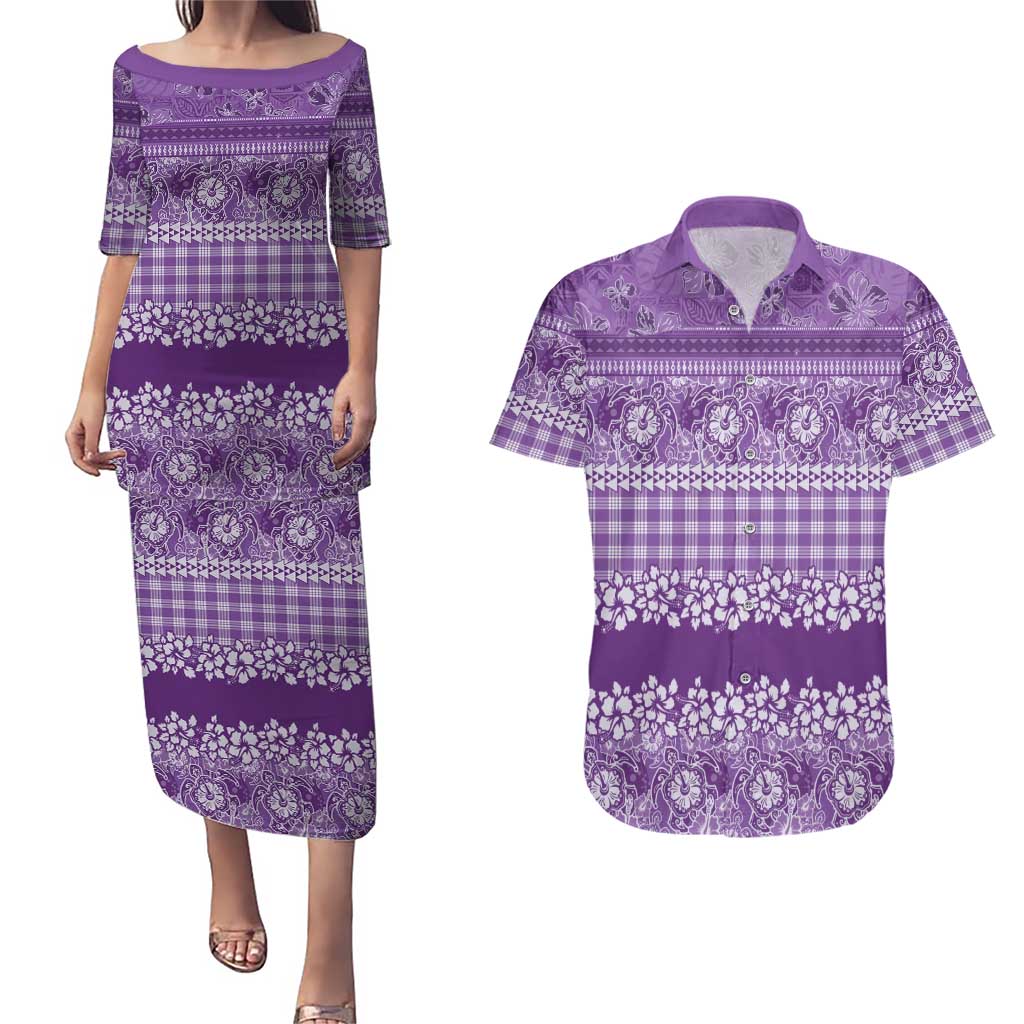 Hawaiian Hibiscus Honu Couples Matching Puletasi and Hawaiian Shirt Purple Mele Kalikimaka Palaka Spirit - Polynesian Pride