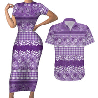 Hawaiian Hibiscus Honu Couples Matching Short Sleeve Bodycon Dress and Hawaiian Shirt Purple Mele Kalikimaka Palaka Spirit LT9 Purple - Polynesian Pride