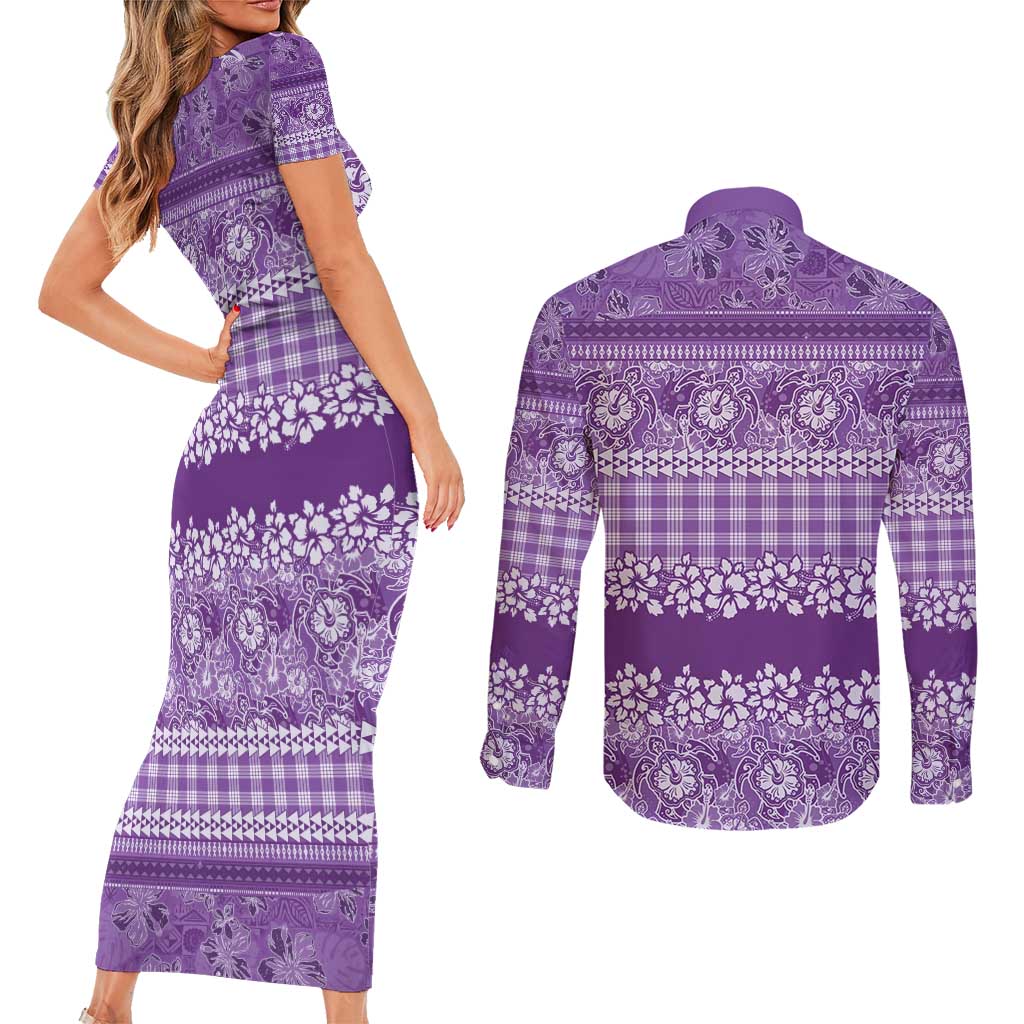 Hawaiian Hibiscus Honu Couples Matching Short Sleeve Bodycon Dress and Long Sleeve Button Shirt Purple Mele Kalikimaka Palaka Spirit - Polynesian Pride