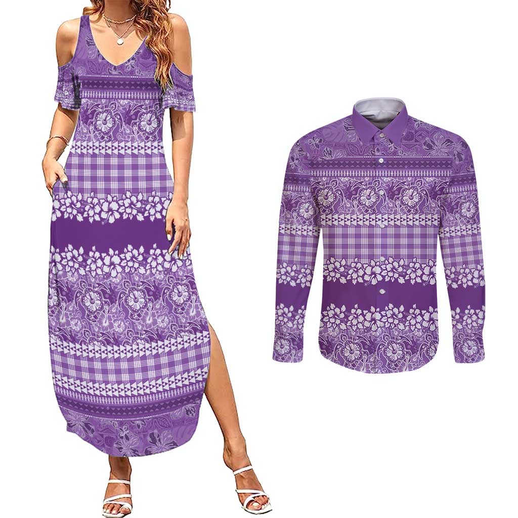 Hawaiian Hibiscus Honu Couples Matching Summer Maxi Dress and Long Sleeve Button Shirt Purple Mele Kalikimaka Palaka Spirit - Polynesian Pride