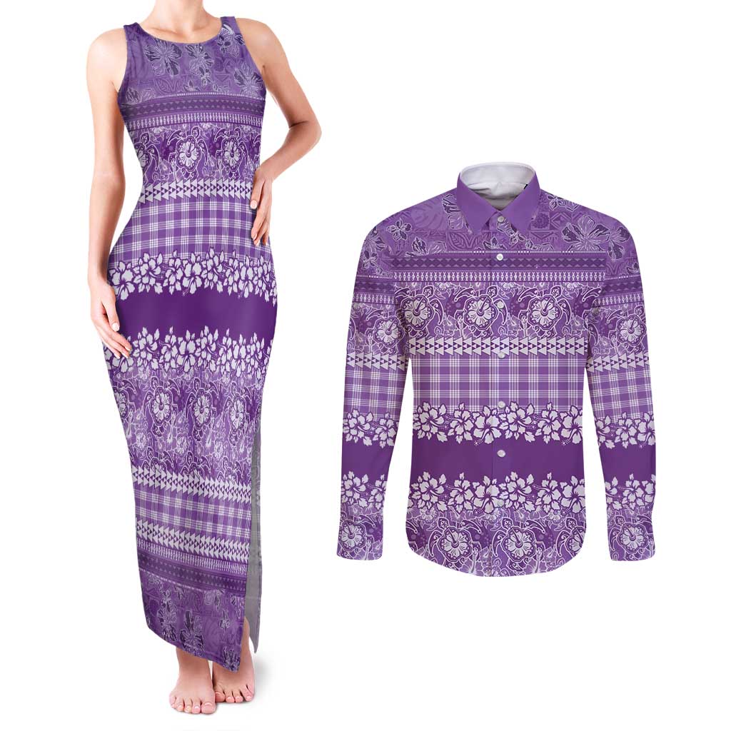 Hawaiian Hibiscus Honu Couples Matching Tank Maxi Dress and Long Sleeve Button Shirt Purple Mele Kalikimaka Palaka Spirit - Polynesian Pride