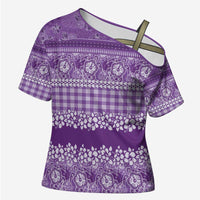 Hawaiian Hibiscus Honu Cross Shoulder Shirt Purple Mele Kalikimaka Palaka Spirit - Polynesian Pride
