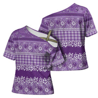 Hawaiian Hibiscus Honu Cross Shoulder Shirt Purple Mele Kalikimaka Palaka Spirit - Polynesian Pride