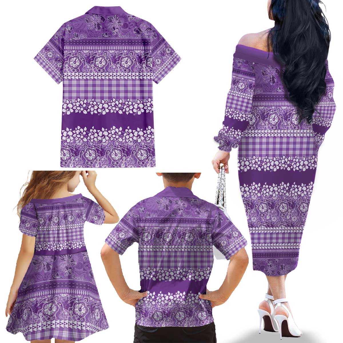 Hawaiian Hibiscus Honu Family Matching Off The Shoulder Long Sleeve Dress and Hawaiian Shirt Purple Mele Kalikimaka Palaka Spirit - Polynesian Pride