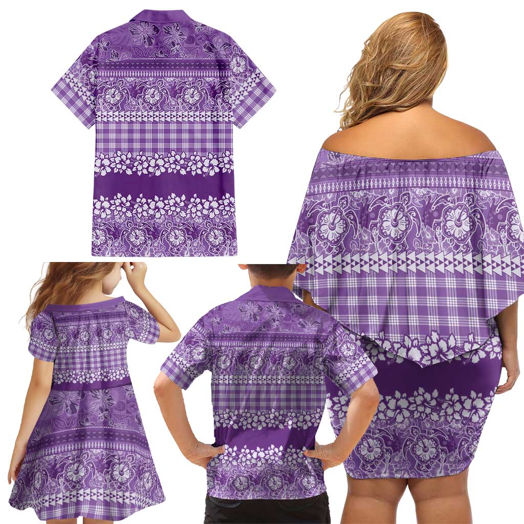 Hawaiian Hibiscus Honu Family Matching Off Shoulder Short Dress and Hawaiian Shirt Purple Mele Kalikimaka Palaka Spirit LT9 - Polynesian Pride