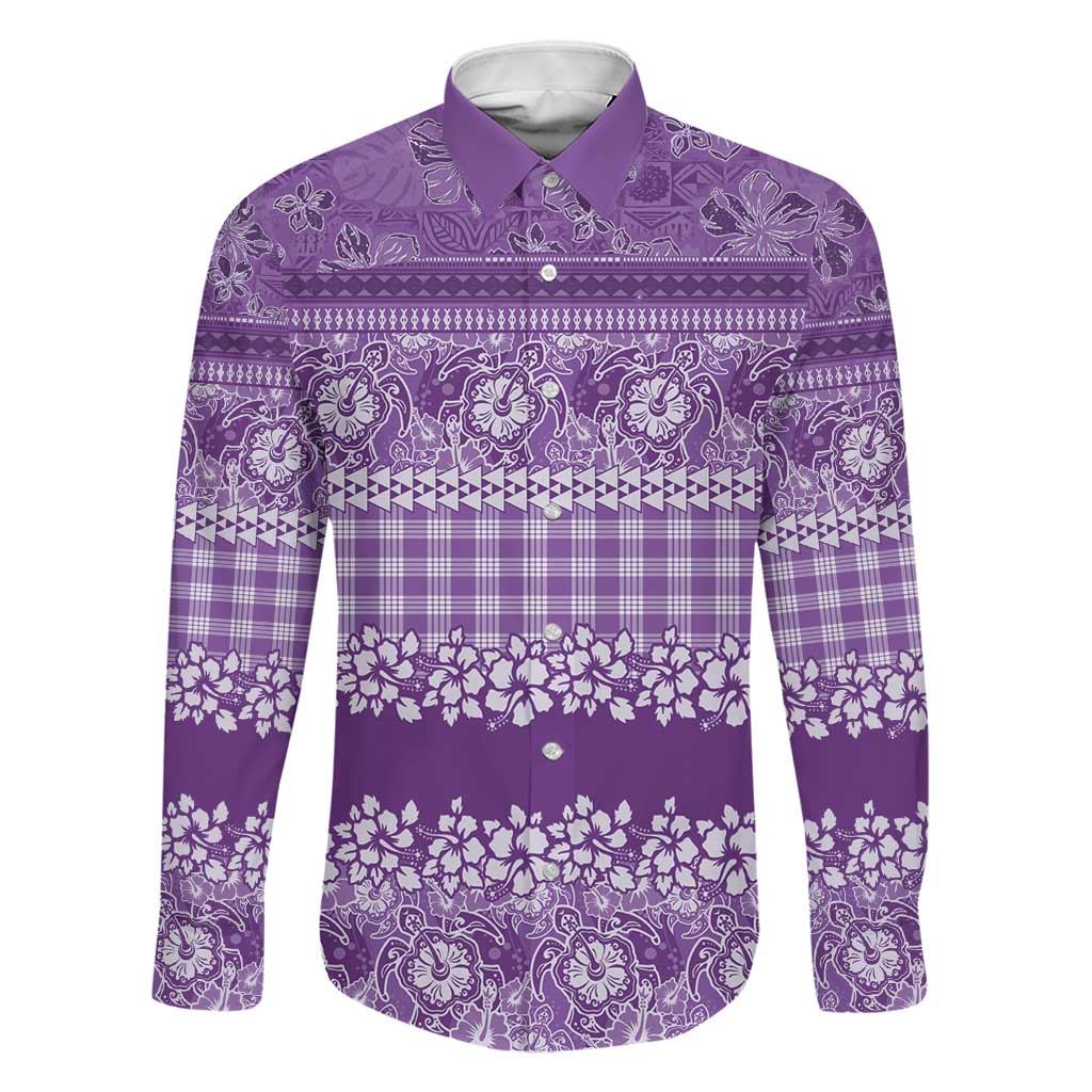 Hawaiian Hibiscus Honu Family Matching Off Shoulder Short Dress and Hawaiian Shirt Purple Mele Kalikimaka Palaka Spirit LT9 Dad's Shirt - Long Sleeve Purple - Polynesian Pride