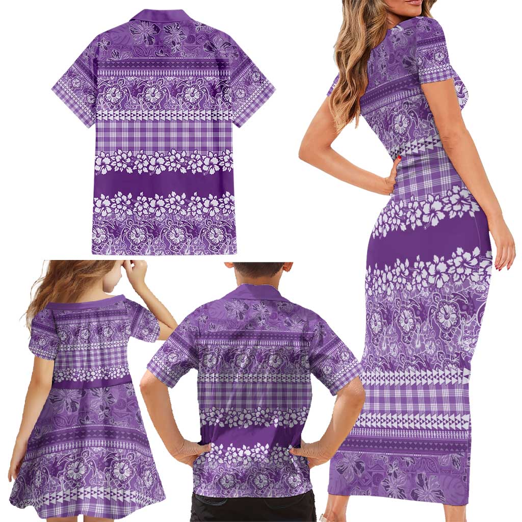 Hawaiian Hibiscus Honu Family Matching Short Sleeve Bodycon Dress and Hawaiian Shirt Purple Mele Kalikimaka Palaka Spirit - Polynesian Pride