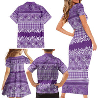 Hawaiian Hibiscus Honu Family Matching Short Sleeve Bodycon Dress and Hawaiian Shirt Purple Mele Kalikimaka Palaka Spirit - Polynesian Pride