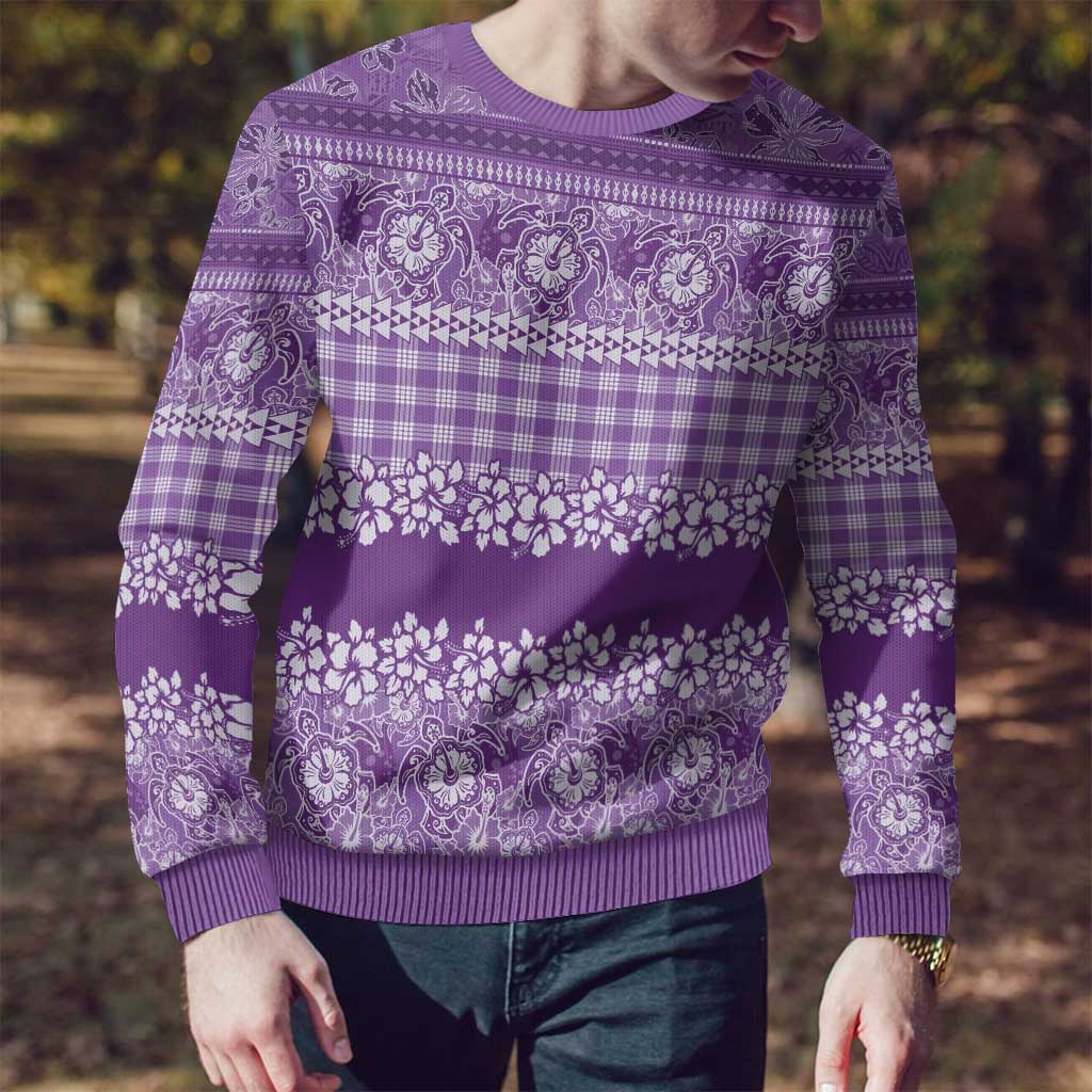 Hawaiian Hibiscus Honu Ugly Christmas Sweater Purple Mele Kalikimaka Palaka Spirit - Polynesian Pride