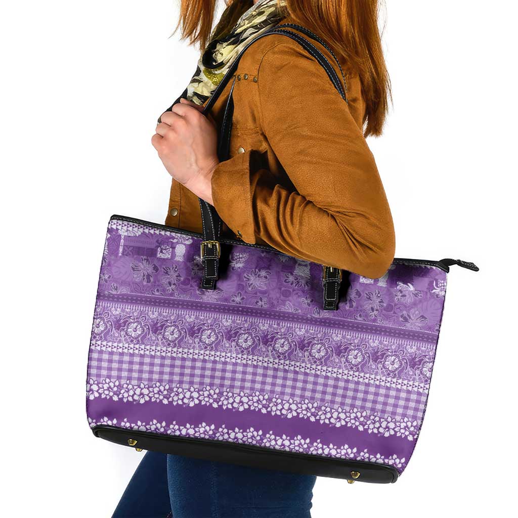 Hawaiian Hibiscus Honu Leather Tote Bag Purple Mele Kalikimaka Palaka Spirit - Polynesian Pride