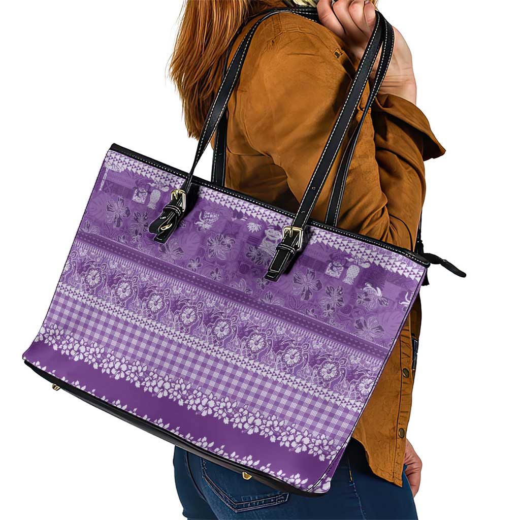 Hawaiian Hibiscus Honu Leather Tote Bag Purple Mele Kalikimaka Palaka Spirit - Polynesian Pride