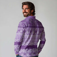 Hawaiian Hibiscus Honu Long Sleeve Polo Shirt Purple Mele Kalikimaka Palaka Spirit - Polynesian Pride