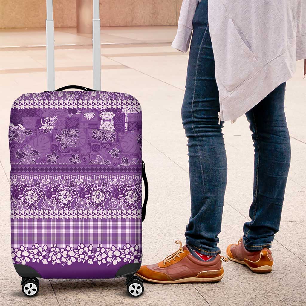 Hawaiian Hibiscus Honu Luggage Cover Purple Mele Kalikimaka Palaka Spirit - Polynesian Pride
