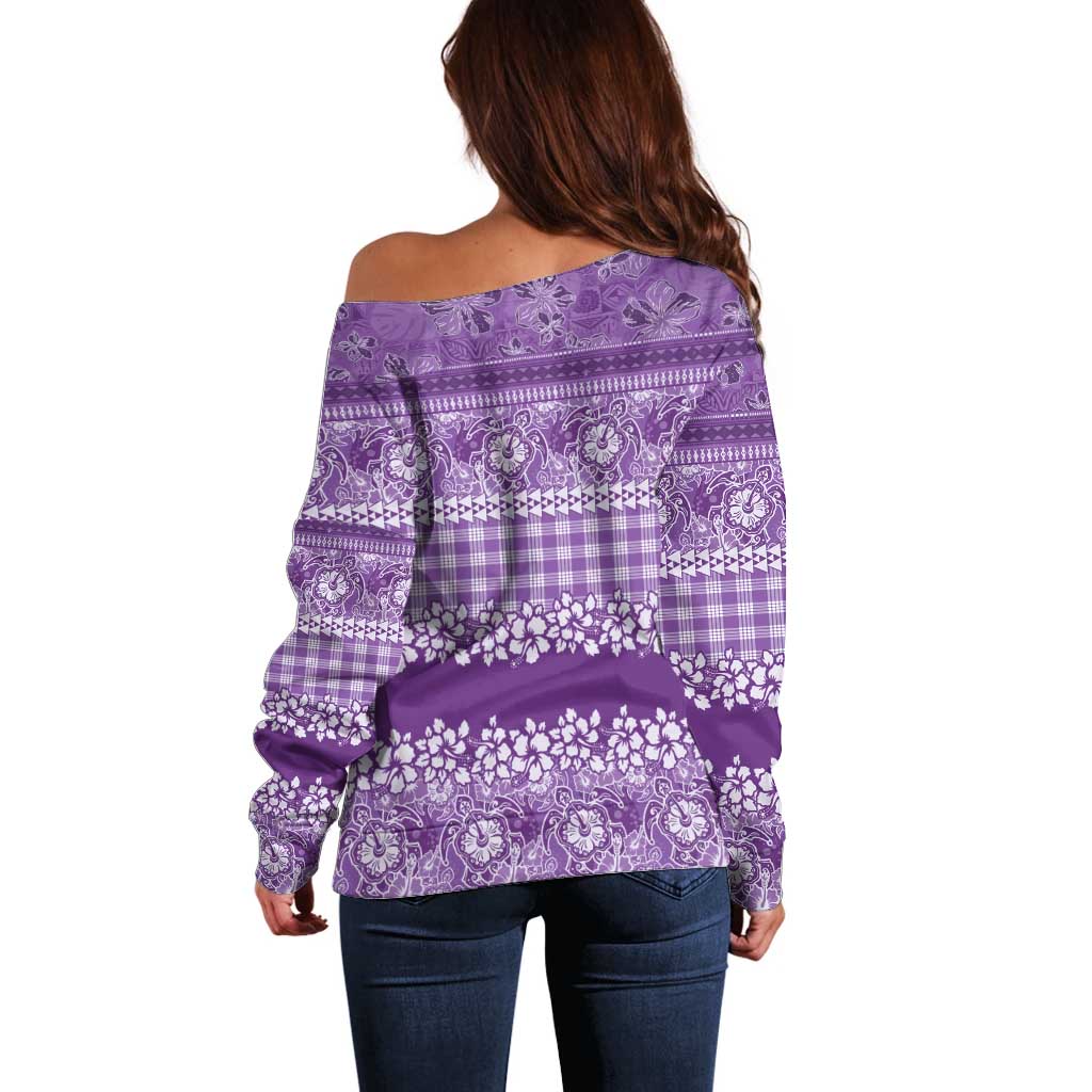Hawaiian Hibiscus Honu Off Shoulder Sweater Purple Mele Kalikimaka Palaka Spirit - Polynesian Pride
