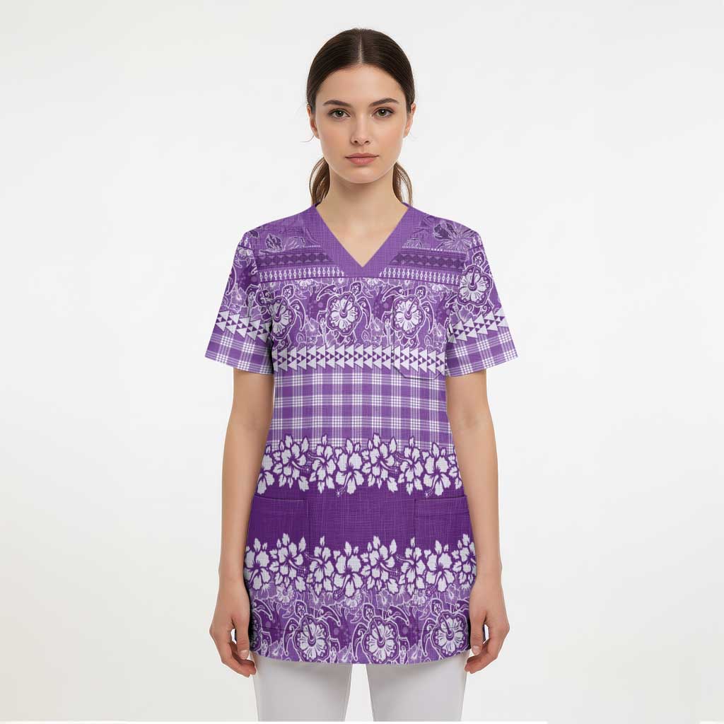 Hawaiian Hibiscus Honu Scrub Top Purple Mele Kalikimaka Palaka Spirit - Polynesian Pride