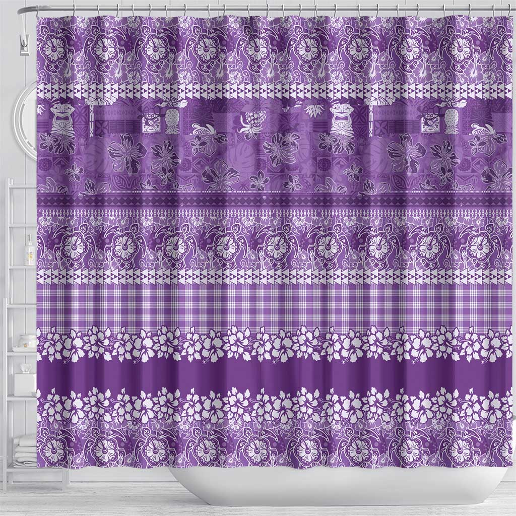 Hawaiian Hibiscus Honu Shower Curtain Purple Mele Kalikimaka Palaka Spirit - Polynesian Pride
