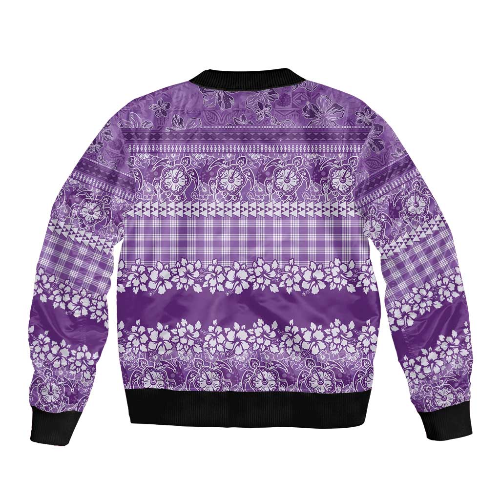 Hawaiian Hibiscus Honu Sleeve Zip Bomber Jacket Purple Mele Kalikimaka Palaka Spirit - Polynesian Pride