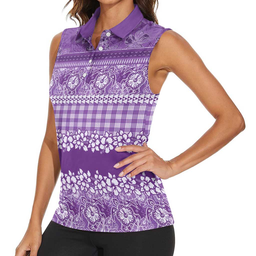 Hawaiian Hibiscus Honu Women Sleeveless Polo Shirt Purple Mele Kalikimaka Palaka Spirit - Polynesian Pride